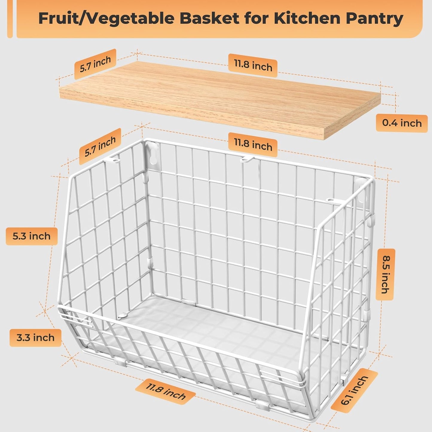 White Fruit Bowl Wire Basket Storage Pantry Fruit and Vegetable Storage Fruit Basket for Kitchen Counter Stackable Wall Mounted Hanging Basket Wire Basket with Wood Lid with Hanger Hooks