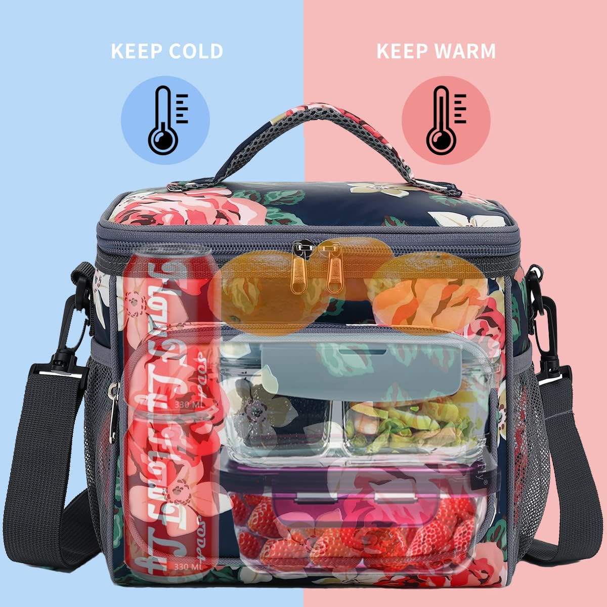 FlowFly Insulated Reusable Lunch Bag Adult Large Lunch Box for Women and Men with Adjustable Shoulder Strap,Front Zipper Pocket and Dual Large Mesh Side Pockets,Cherry - Colors B