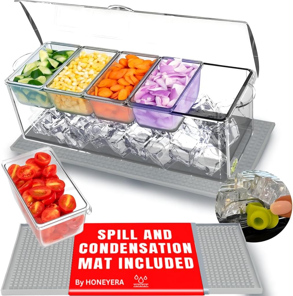Honeyera Chilled Condiment Server | Hosting Essentials for Up to 80 Oz of Ice | Mimosa Bar Supplies Drain Plug | BPA-Free Taco Bar/Salad Bar | Food-Safe Condiment Caddy (Parent) (White, 2 Pack)