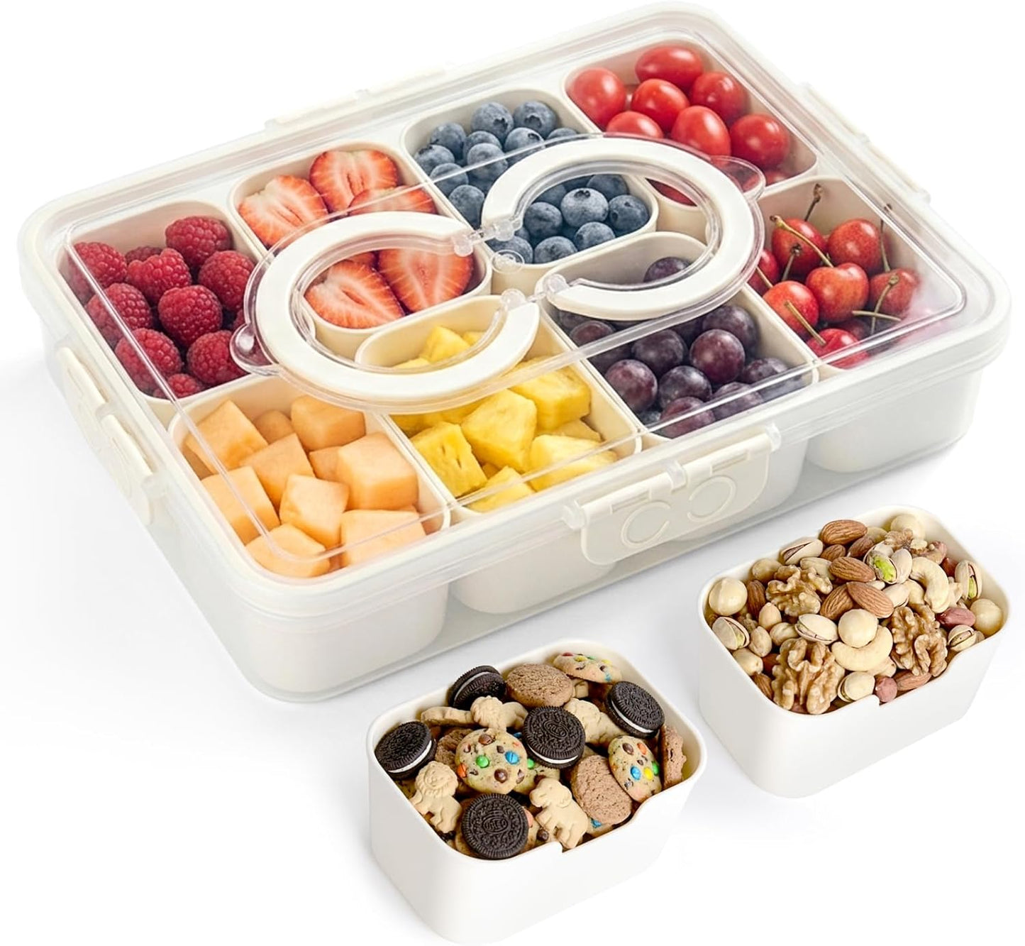 Snackle Box Container, 8 Compartments, Dishwasher Safe 2 Pack | Portable with Lid & Handle, Clear Travel Organizer, For Candy & Nuts, Dishwasher Safe