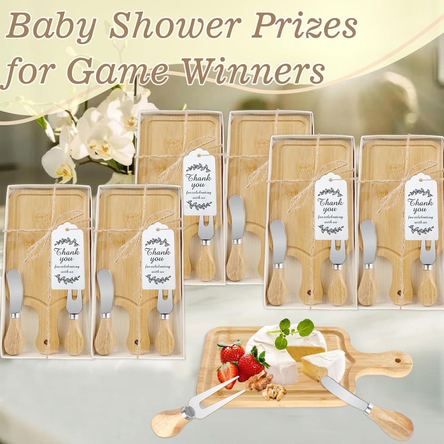 2 Sets Baby Shower Game Prizes for Winners, Bridal Shower Prizes for Guests, Cheese Board Gift Sets with Wood Mini Charcuterie Boards, Knives, Forks, Thank You Card & Gift Box