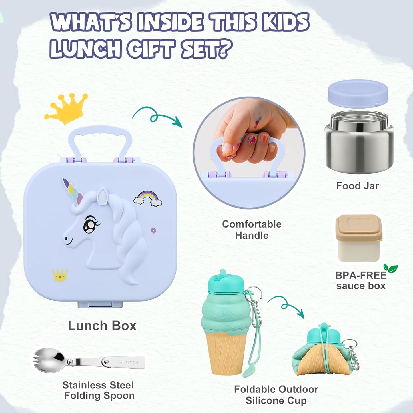 Aimsnk Magical Fantasy Lunch Box Set for Kids - 12oz Insulated Food Jar, Collapsible Space Cup & Utensils,Thermal Bag & Leakproof Bento Containers with Cutlery (BPA Free) - Ages 3-10 (Blue-Gradient)