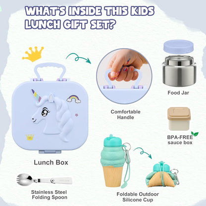 Aimsnk Magical Fantasy Lunch Box Set for Kids - 12oz Insulated Food Jar, Collapsible Space Cup & Utensils,Thermal Bag & Leakproof Bento Containers with Cutlery (BPA Free) - Ages 3-10 (Blue-Gradient)