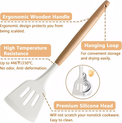 Kitchen Cooking Utensils Set, 6Pcs Silicone Kitchen Utensils Set Spatula Spoon Soup Ladle Turner, Heat Resistant Wooden Handle Silicone Cooking Gadgets for Nonstick Cookware & Baking BPA FREE