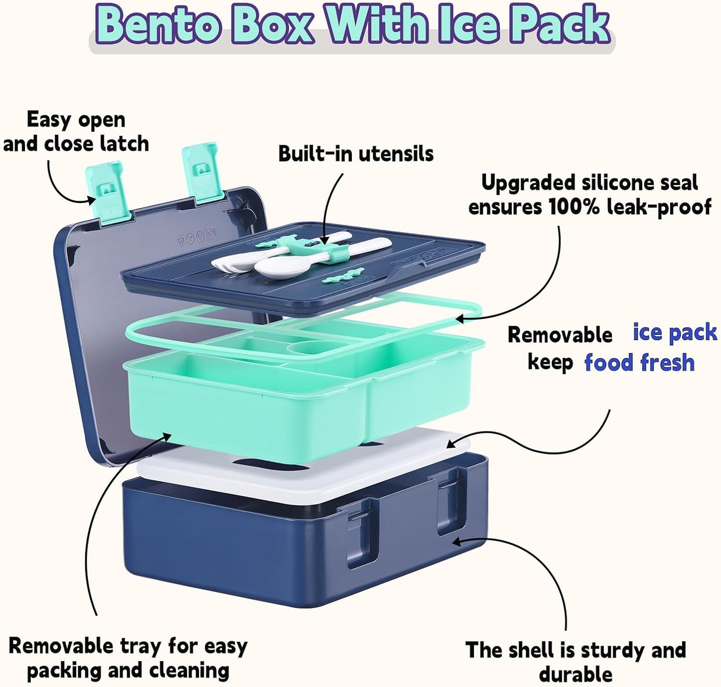 rockpapa Chill Bento Box for Kids- Large 5.5 Cups Lunch Box with Ice Pack - 5 Compartments, BPA-Free, Leak Proof, with Utensils & Portable Handle, Microwave/Dishwasher Safe (Purple Butterfly)