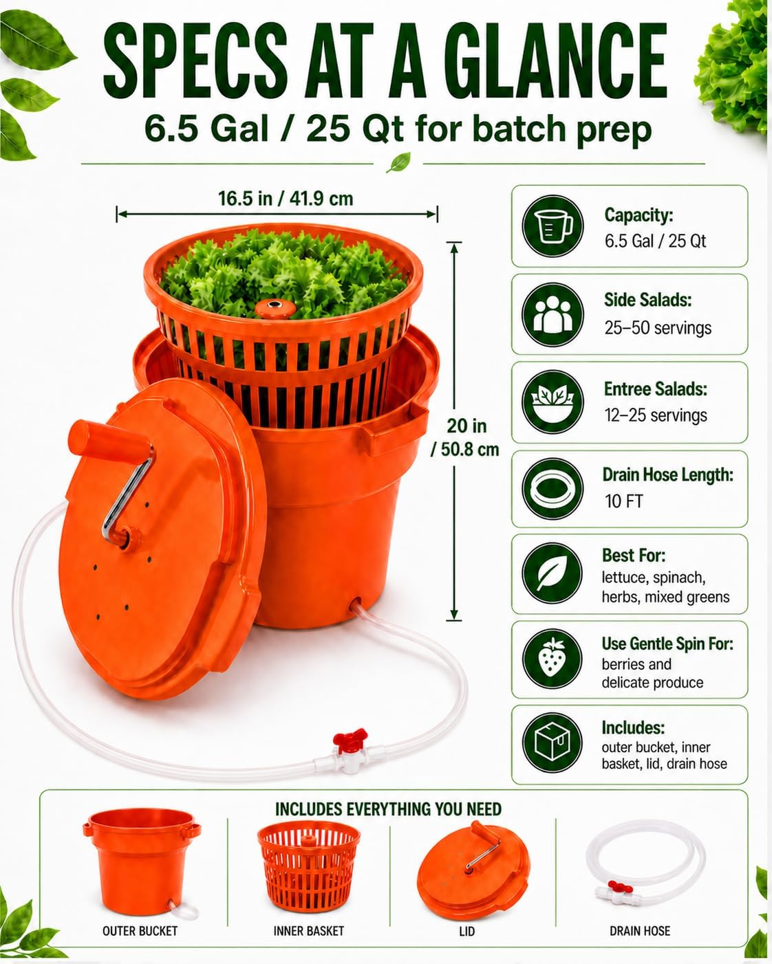 Commercial Salad Spinner - 3 Gallon Large Capacity Lettuce Dryer with 10 Ft Drain Hose & Stop Valve, 12Qt Manual Vegetable Spinner for Restaurants, Catering and Meal Prep