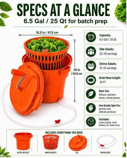 Commercial Salad Spinner - 3 Gallon Large Capacity Lettuce Dryer with 10 Ft Drain Hose & Stop Valve, 12Qt Manual Vegetable Spinner for Restaurants, Catering and Meal Prep