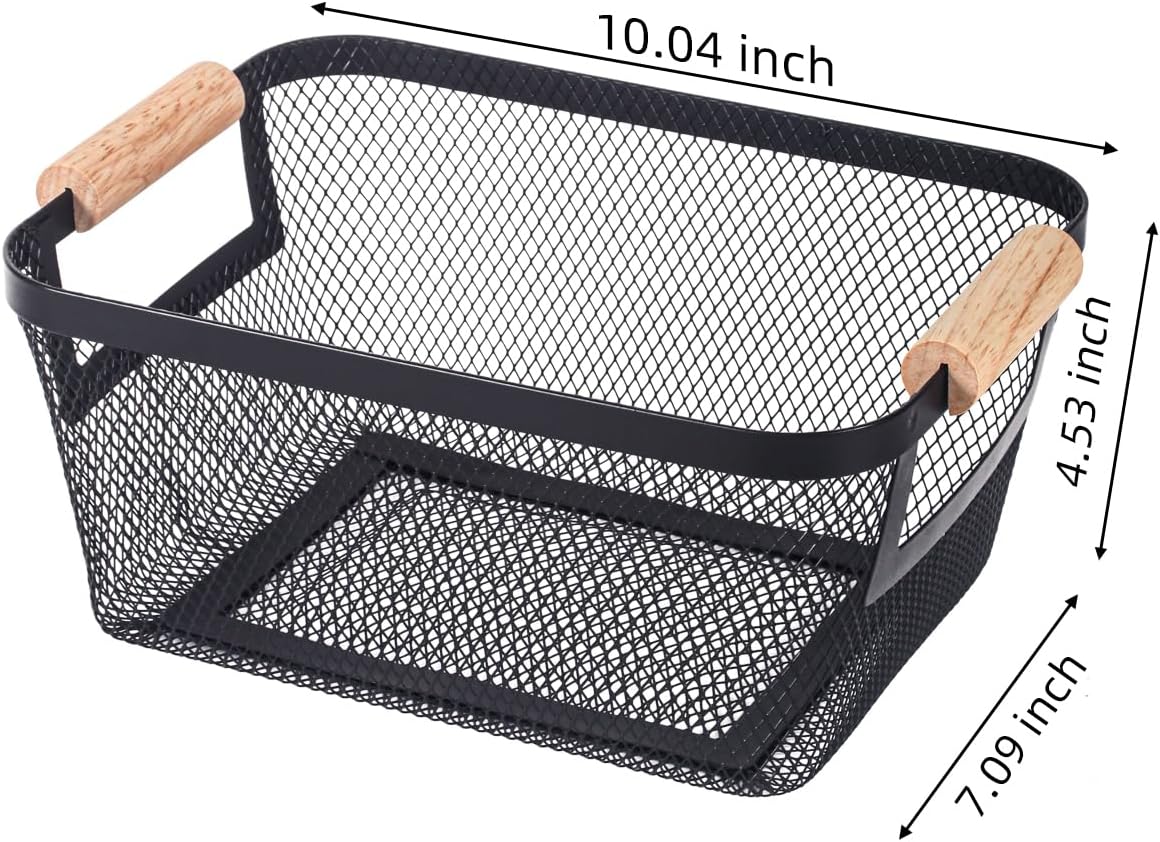 2-Pack Metal Mesh Basket, Large Wire Storage Organizer with Wood Handle for Kitchen Pantry, Bathroom, Cabinet, Closet, Picnic & Home Organization, Large, Black