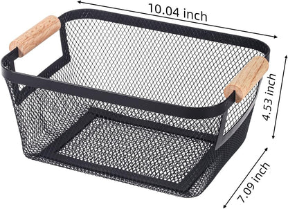 2-Pack Metal Mesh Basket, Large Wire Storage Organizer with Wood Handle for Kitchen Pantry, Bathroom, Cabinet, Closet, Picnic & Home Organization, Large, Black