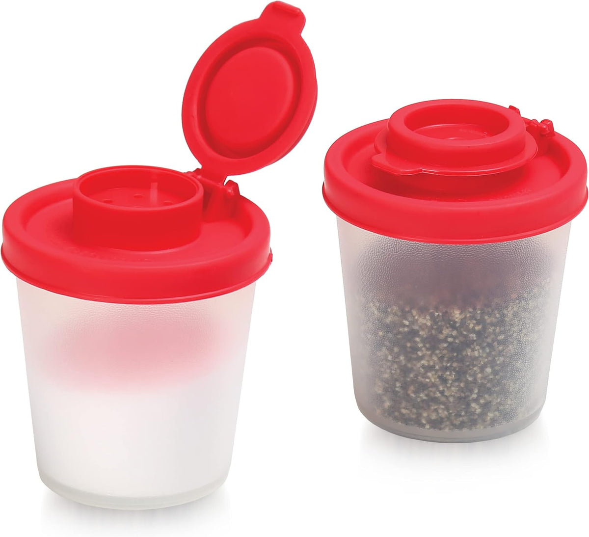 SIGNORAWARE Salt and Pepper Shakers Moisture Proof Set of 2 Large Salt Shaker to go Camping Picnic Outdoors Kitchen Lunch Boxes Travel Spice Set Clear with Red Covers Lids Plastic Airtight Dispenser