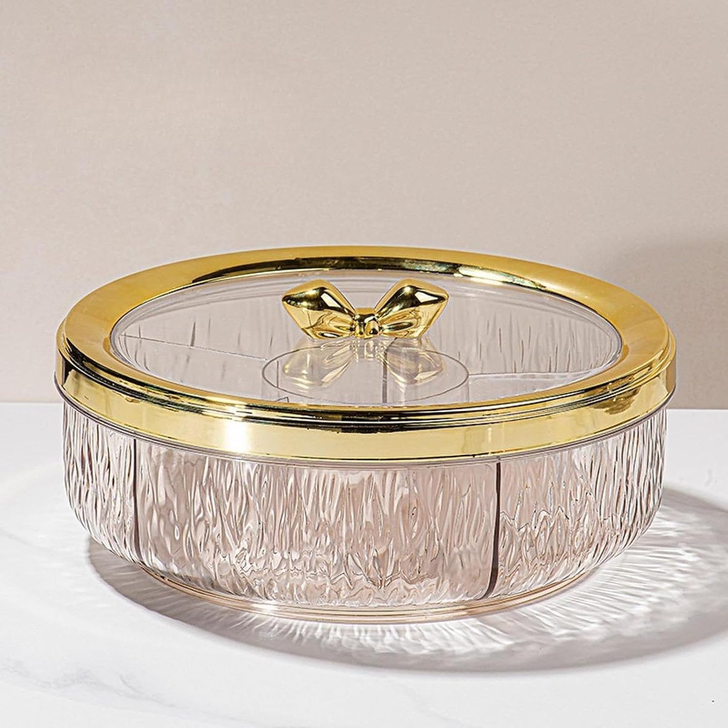 Amagogo Divided Serving Tray with Transparent Lid Snack Tray Rotatable Base Appetizer Platter with 6 Compartments Dessert Dish Suitable for Gift Giving Home D, Golden Bow