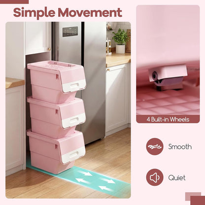Giantex Plastic Stackable Storage Bins with Lids & Wheels, 3 Pack Open Front Stacking Bins, Organizer Bins for Pantry, Kitchen, Laundry, Closet, Playroom, Bedroom Organization (12.5 QT)