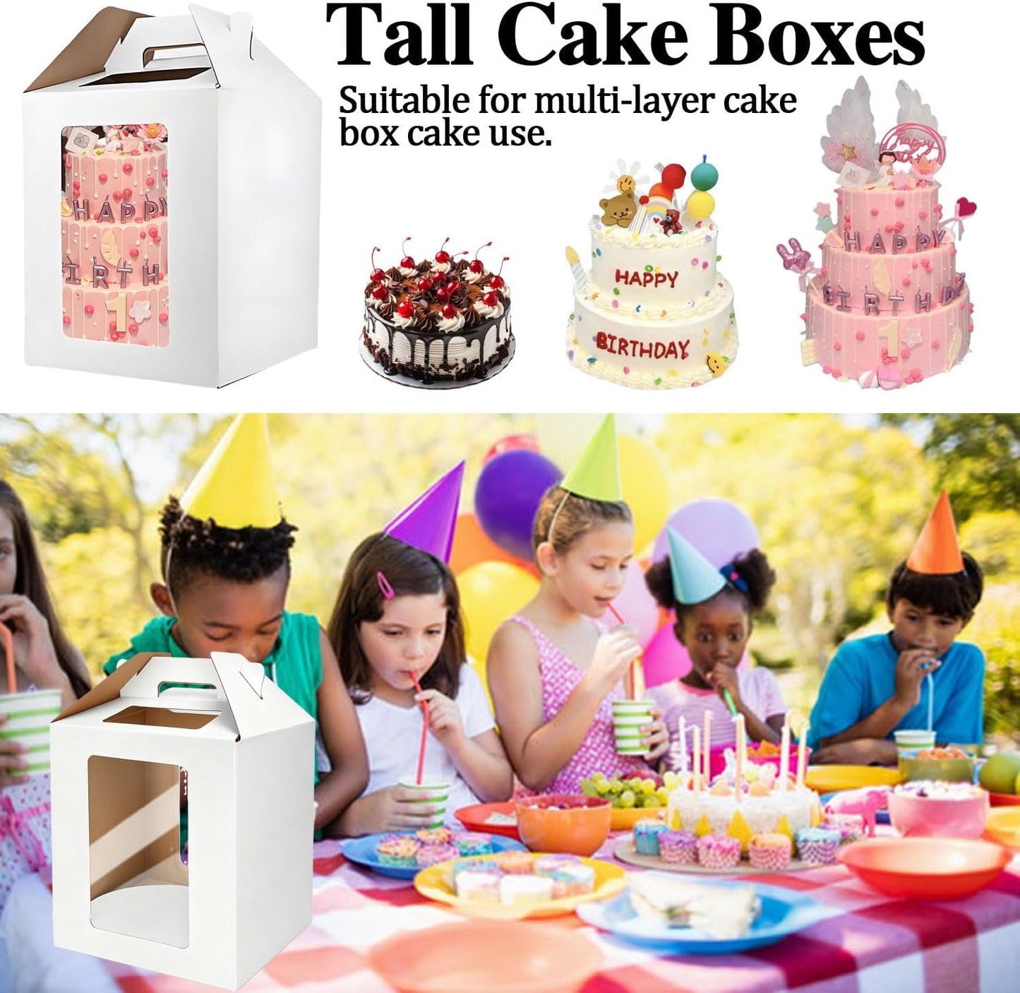 Cake Boxes - 2 Pack Tall Cake Box 12x12x14 Inch Disposable Layer Carrier with Window Large Tierd Cake Out Transport Containers with Handle for Wedding, Birthday, Party (White)