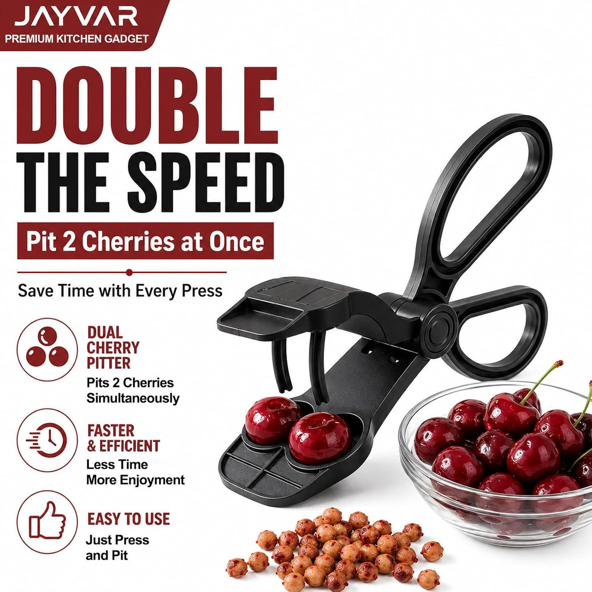 JAYVAR Cherry Pitter Tool with Scissor Handle, Dual-Hole Design