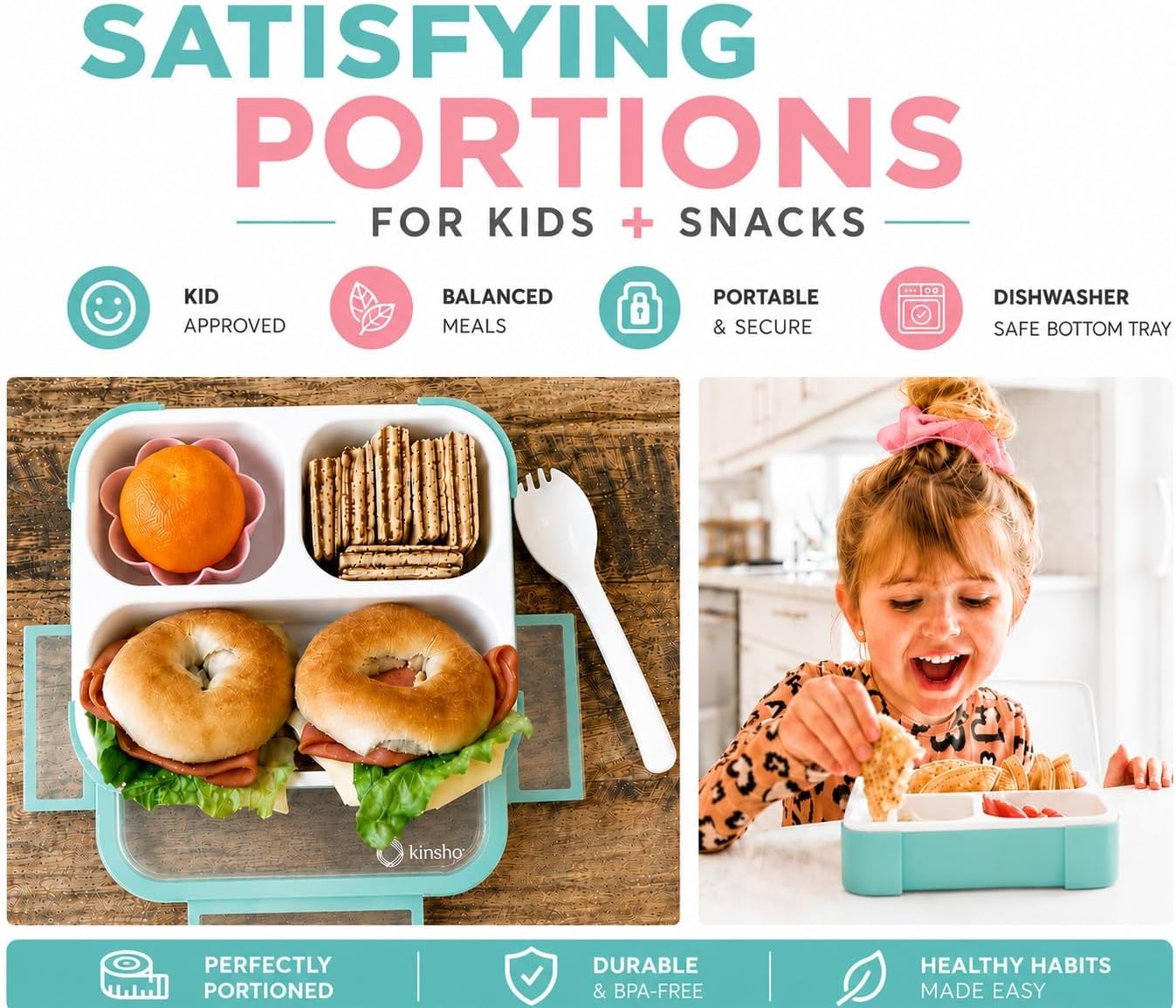 kinsho Medium Bento Boxes for Kids, Lunch Box for Boys Girls Toddler Adults, Leak-Proof 3 Compartment Containers for Meal or Snack at School Daycare Work Travel, BPA Free 2 Pack (Pastel Blue + Pink)