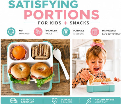 kinsho Medium Bento Boxes for Kids, Lunch Box for Boys Girls Toddler Adults, Leak-Proof 3 Compartment Containers for Meal or Snack at School Daycare Work Travel, BPA Free 2 Pack (Pastel Blue + Pink)