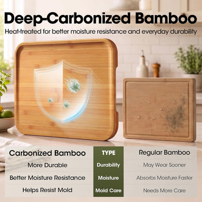 Starkbear Acacia Wood Cutting Board Set of 3 with Stand, Core-Cut Non Slip Wooden Chopping Block, Sloped Juice Groove Reversible Charcuterie Serving Tray for Modern Kitchen Gift