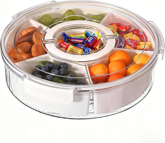 Rotating Serving Tray with Lid & Handle, 6-Section Snackle Box Organizer, Portable Lazy Susan Snack Container for Candy, Fruit, Veggies, Party, Picnic & Travel (milky white)
