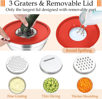 TeamFar Mixing Bowls, Stainless Steel Nesting Salad Bowls with Lids Set of 3 & 3 Grater Attachments, For Mixing/Serving/Storing, Non-toxic & Long-lasting, Size 4.6/3 / 1.5 QT, Black