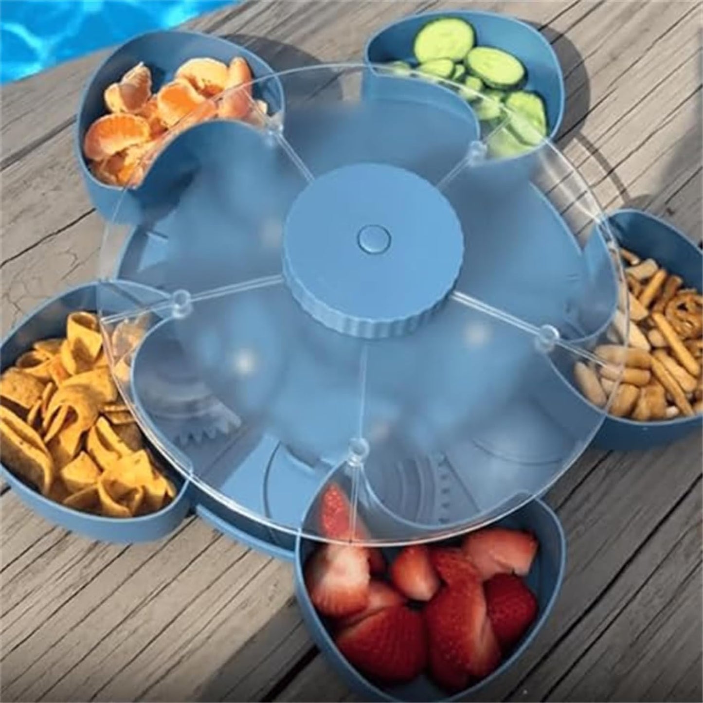 Divided Serving Tray That Spins – Perfect for Snacks, Dips & Party Appetizers, Portable Rounded Veggie Tray with Rotating Cover, Rotating Snack Box Container with Lid (Pink)