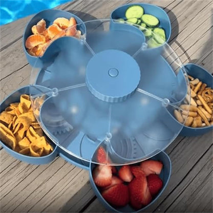 Divided Serving Tray That Spins – Perfect for Snacks, Dips & Party Appetizers, Portable Rounded Veggie Tray with Rotating Cover, Rotating Snack Box Container with Lid (Pink)