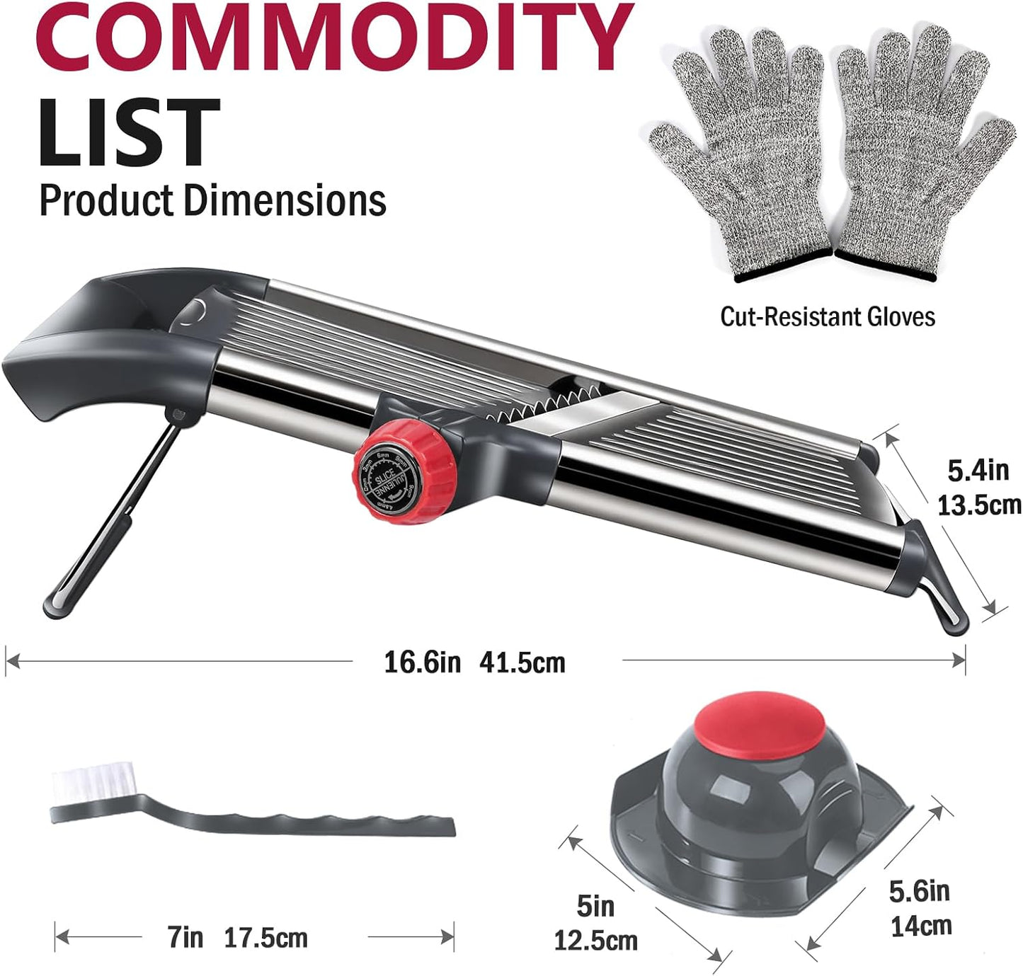 Masthome Adjustable Mandoline Slicer, Thin to 9mm Slice, 4.5mm & 9mm Julienne - Vegetable Cutter for Potato Carrot Onion - Stainless Steel - with Glove & Brush (Red)