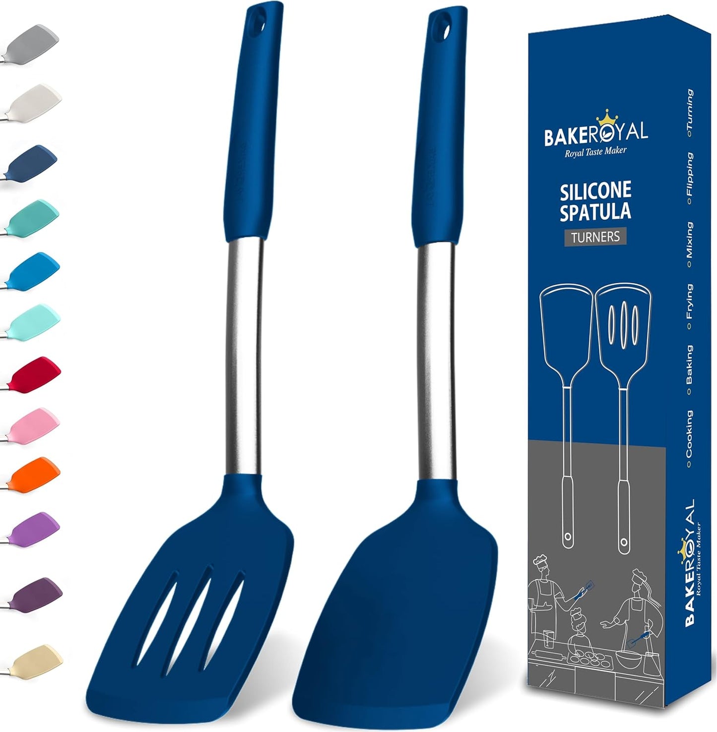 BakeRoyal Silicone Spatula Set - Turner Spatulas Silicone Heat Resistant 600°F - Slotted & Solid Spatula for Cooking Fish, Eggs, Pancakes Flipper – Spatulas for kitchen use – Black