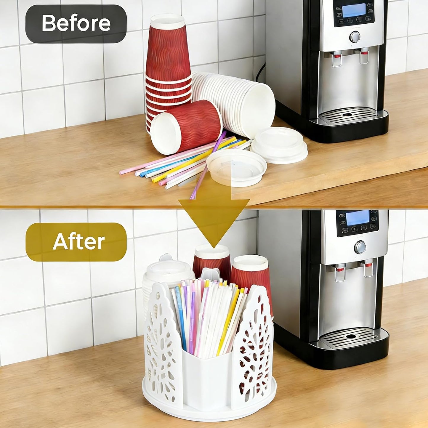 Rotating Coffee Cup Holder, Cup Dispenser with 4 Compartments, Plastic Cups Lid Organizer for Countertop, Coffee Station, Home, Office (white)