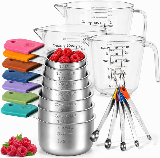 Stainless Steel Measuring Cups and Spoons Set, 7 Magnetic Measuring Cups, 5 Metal Measuring Teaspoons, 3 Plastic Measuring Cups for Kitchen Cooking & Baking, Dry & Liquid Ingredients