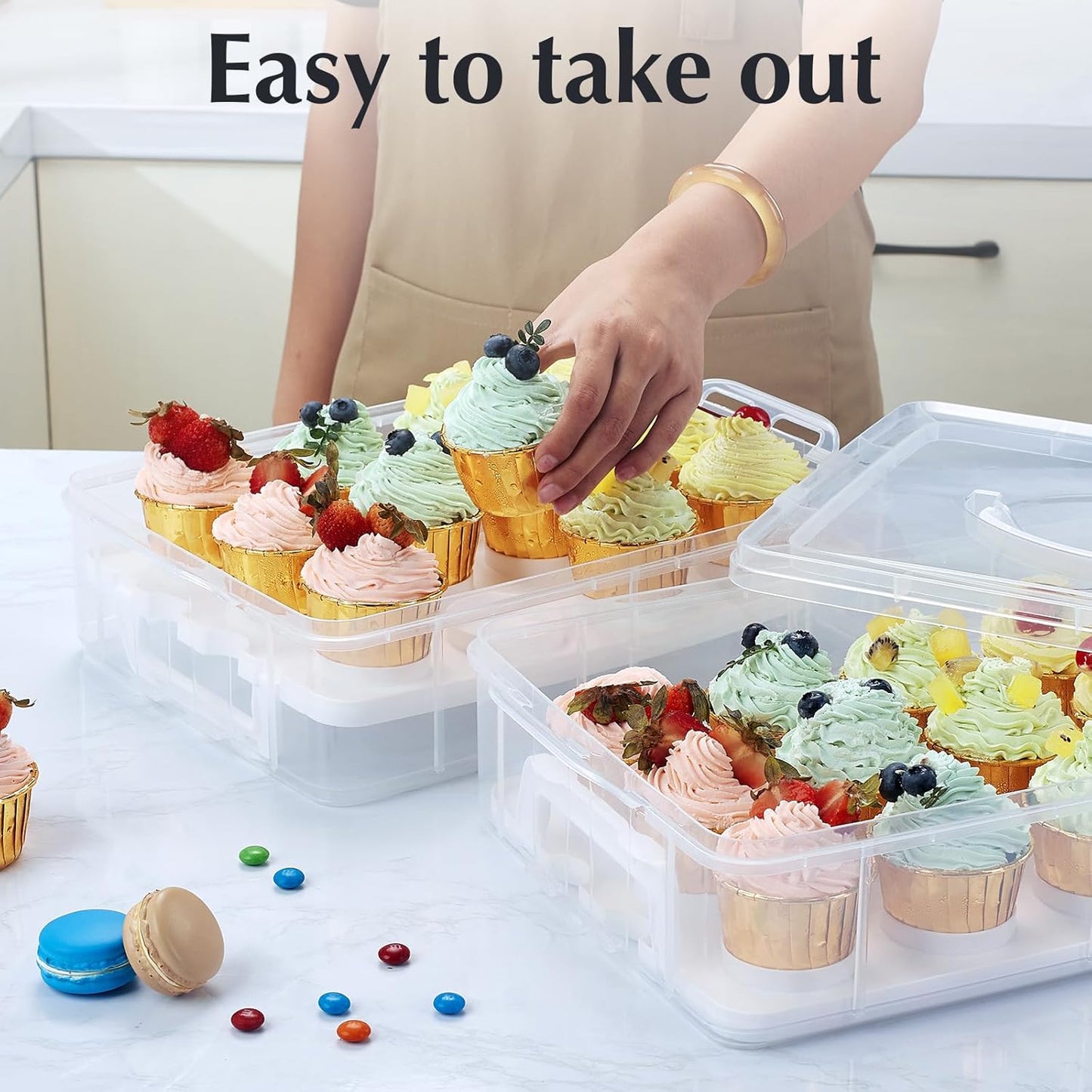 Gencywe Plastic Cupcake Carrier 24 Count, 2-Layer Cupcake Holder Carries with Lid & Handles, Cookie, Cake, Cupcake and Brownie Storage Carrier, Reusable Cupcake Box
