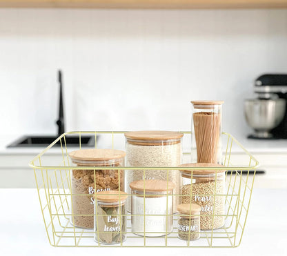 Gold Wire Baskets for Organizing, Metal Storage Baskets with Handles, Sturdiness Small Wire Storage Basket Organizer Bins for Pantry Kitchen Bathroom, 4 Pack