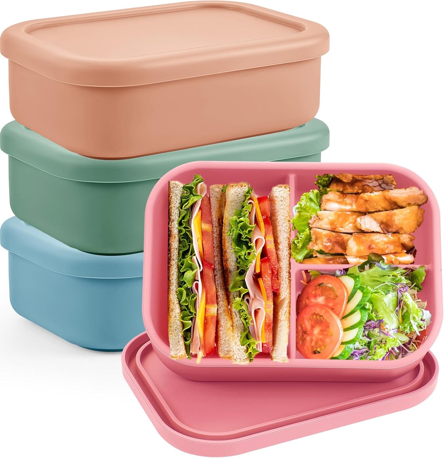 Layhit 4 Pcs Silicone Bento Box for Adults, 27 oz Bento Lunch Container Reusable 3 Compartment Lunchable Food Container for Women Men, Leak Proof Microwave Dishwasher Freezer Safe (Cool Colors)