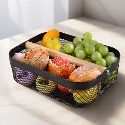 AJIODA Metal Mesh Steel Storage Basket, Garden Harvest Wire Organizer Basket Multi-functional Kitchen Fruit Basket with Wooden Removable Partition & Handle for Bathroom Picnic Decor Cabinet, Grey
