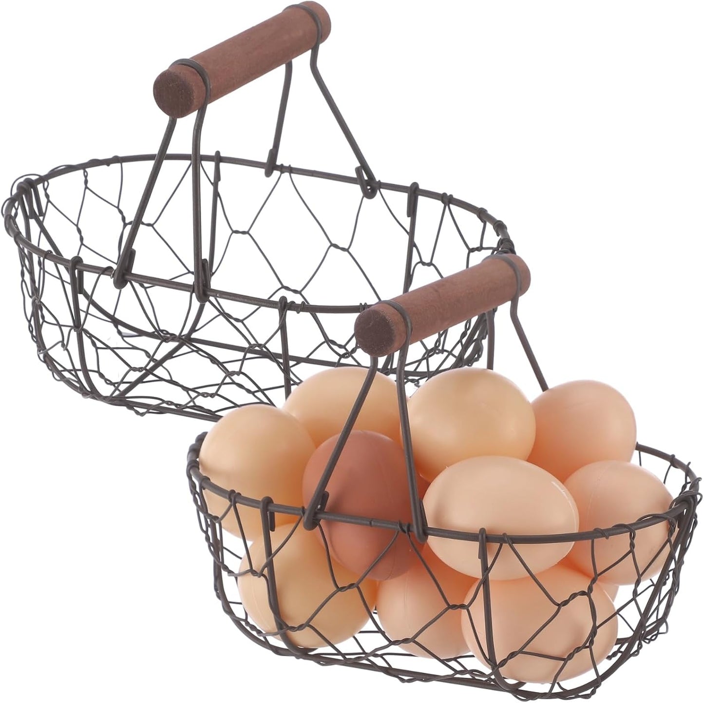 2 Pcs Chicken Wire Egg Baskets, Farmhouse Chicken Egg Collecting Baskets, Rustic Metal torages with Wooden Handle, Small Stackable Holders for Fruits, Vegetables, Sundries