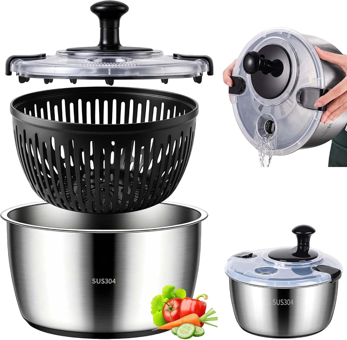 5.3QT Stainless Steel Salad Spinner, Large Lettuce Spinner & Vegetable Washer with Hand Crank, Locking Lid and Non-Slip Base, BPA-Free Salad Dryer for Fruits & Vegetables