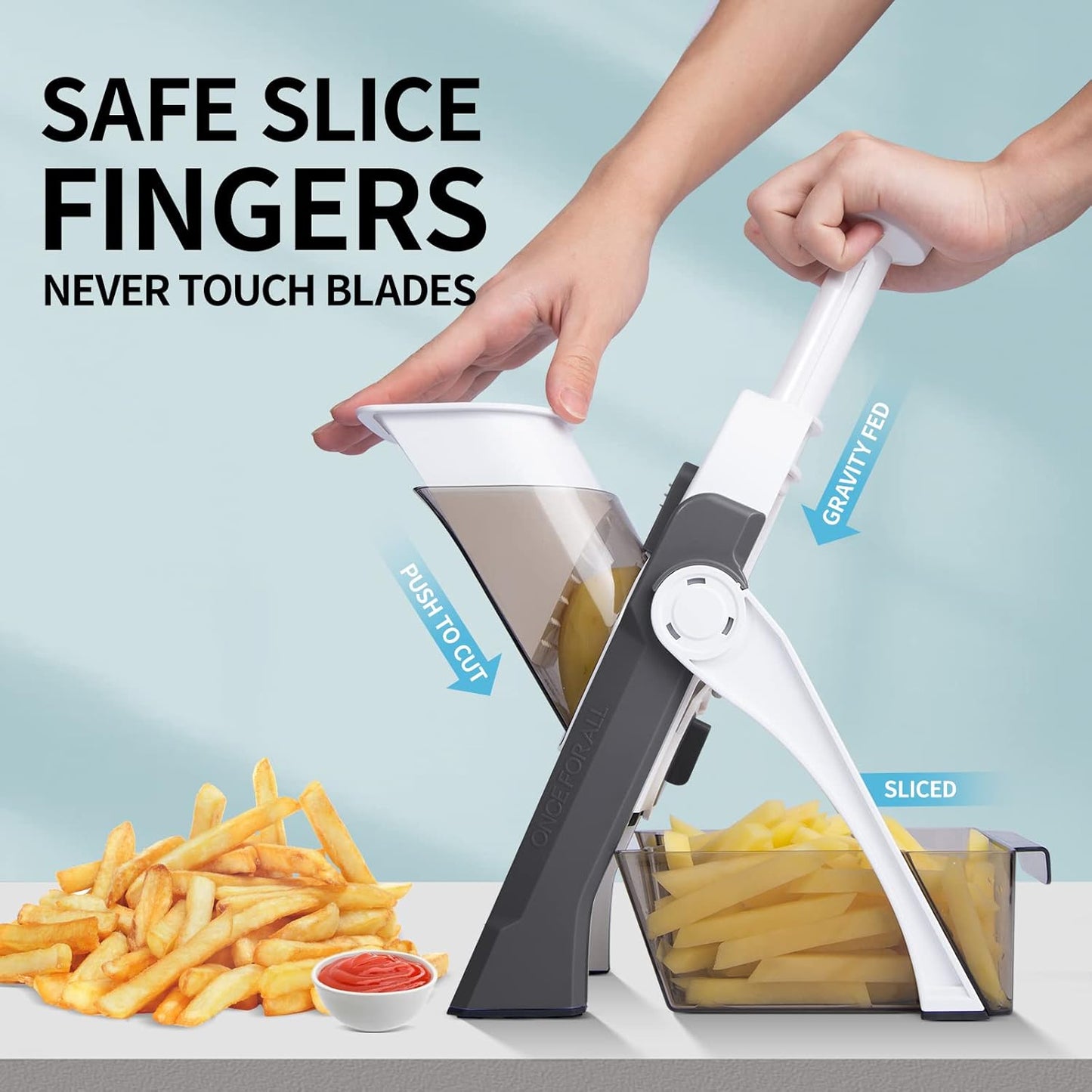 QYKIC Safe Mandoline Slicer,Vegetable Potato Slice Food Cutter for Kitchen,Thickness Adjustable Upright Veggie Chopper for Fast Meal prep (Gray)