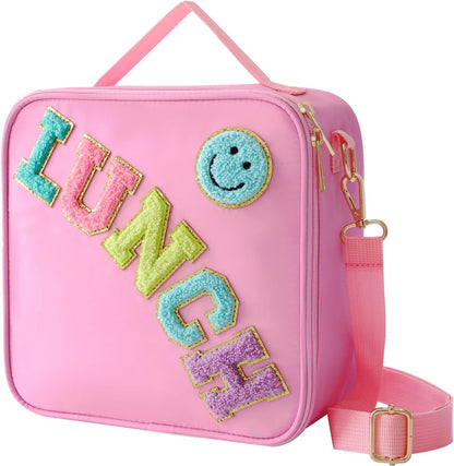 Insulated Lunch Bag With Adjustable Shoulder Strap, Nylon Preppy Lunch Box Large Insulated Lunch Bag Reusable Lunch Tote Bag with Smiley Preppy LunchBag for Girls School Travel Picnic (Green)