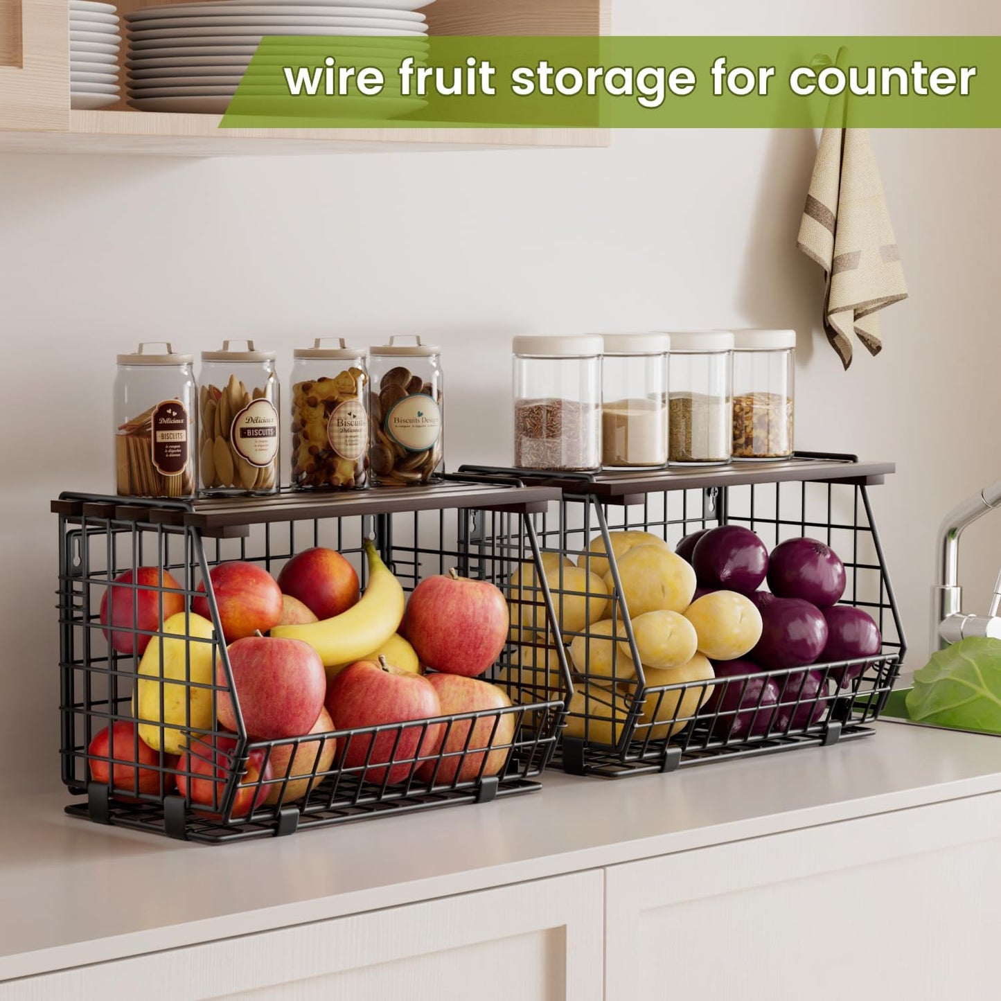 Wire Fruit Basket for Kitchen Storage: Hanging and Counter Basket for Vegetable Produce - Potato and Onion Storage for Pantry 3 Pack