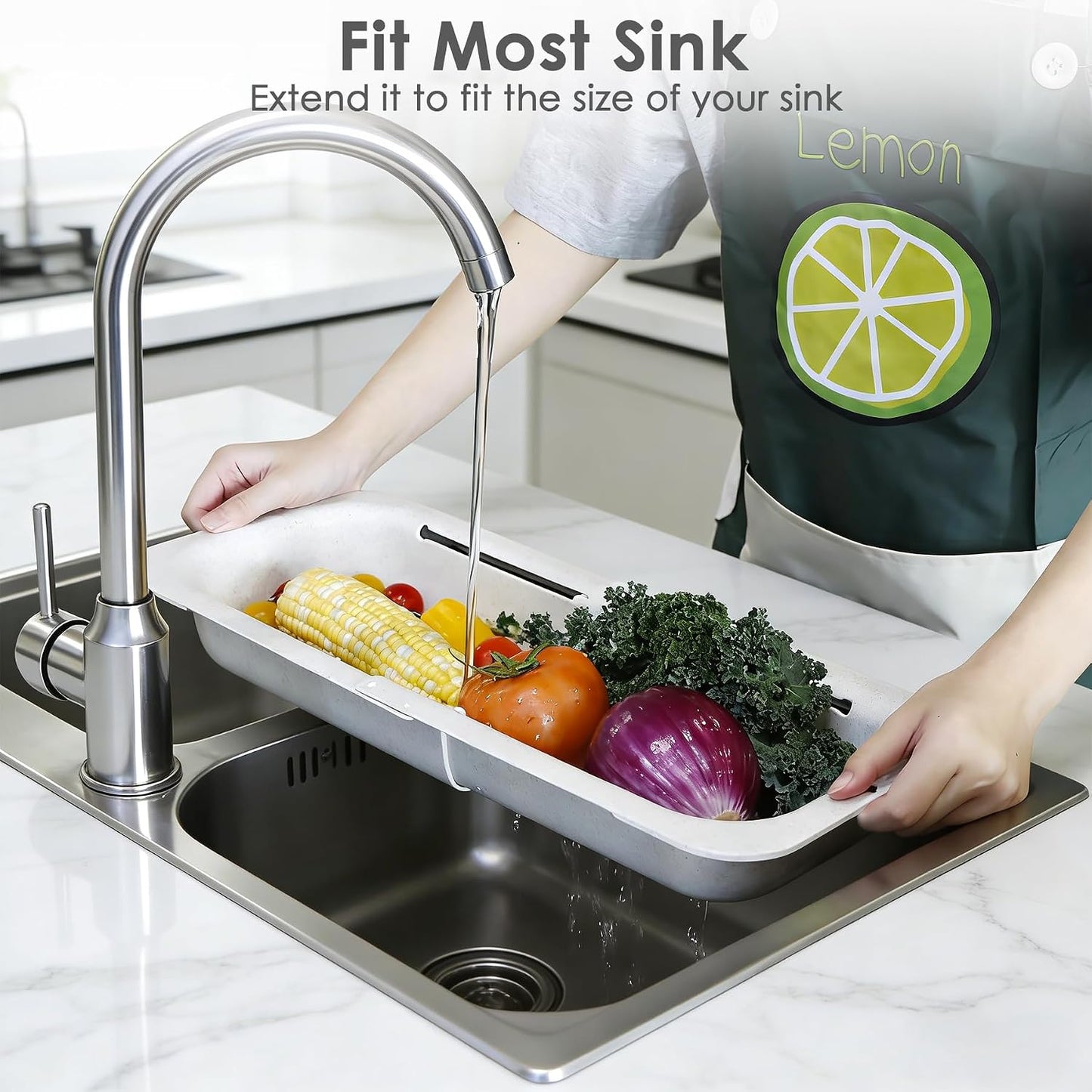 Extendable Colander Strainer Basket, Over the Sink Colander and Strainer for Kitchen, Wash Vegetables and Fruits, Drain Pasta and Dry Dishes, Adjustable Colander from 13.5In to 18.7In, Gray