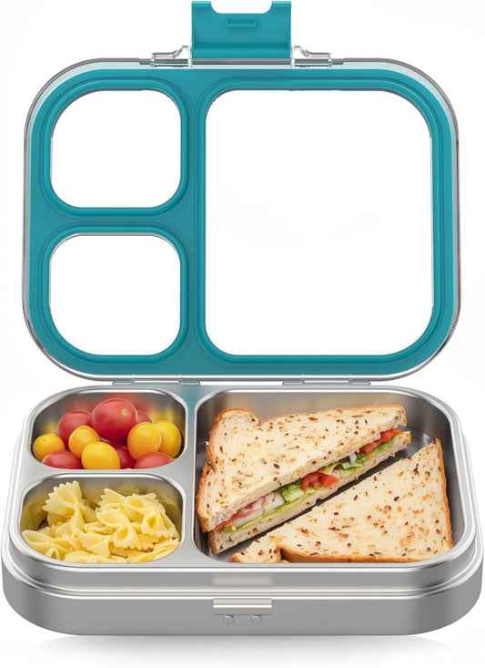 HOMEKOL Stainless Steel Bento Lunch Box, 3-Compartment Leak-Proof Lunch Container for Kids & Adults, BPA/BPS-Free 304 Metal Food Box, Dishwasher Safe, Clear Tritan Lid, Green (Not Insulated)