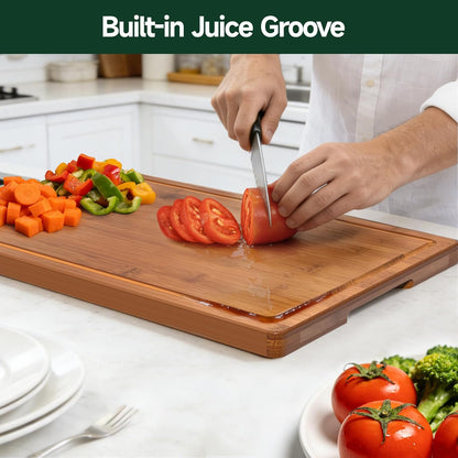 3-Piece Set Bamboo Cutting Board for Kitchen - Crack-Resistant Wood Chopping Boards with Deep Juice Grooves, Pre-Oiled Butcher Block for Meat, Vegetables & Cheese, Carbonized