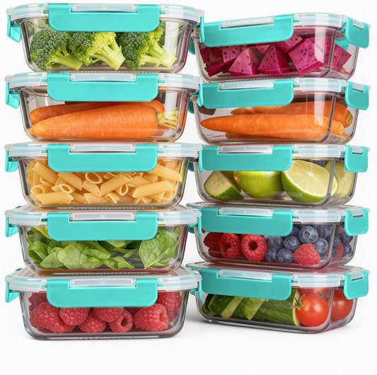 KAMOTA Glass Food Storage Containers, 10 Pack Glass Meal Prep Containers, Airtight Containers with Snap-Lock Lids, 22 oz Grey Container Set with Lids, for Microwave/Oven/Freezer/Dishwasher