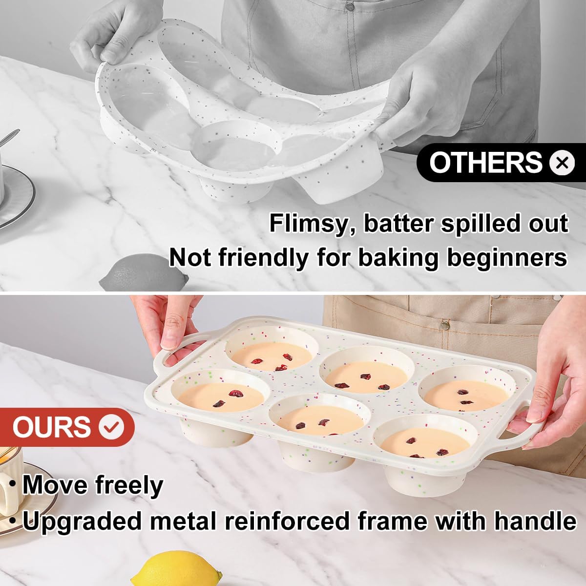 CAKETIME Mini Muffin Pan, Metal Reinforced Frame Mini Cupcake Pans 24 Cups Nonstick Muffin Silicone Molds with Handle for Baking Muffins, Cupcakes, Egg Bites 2 Pack