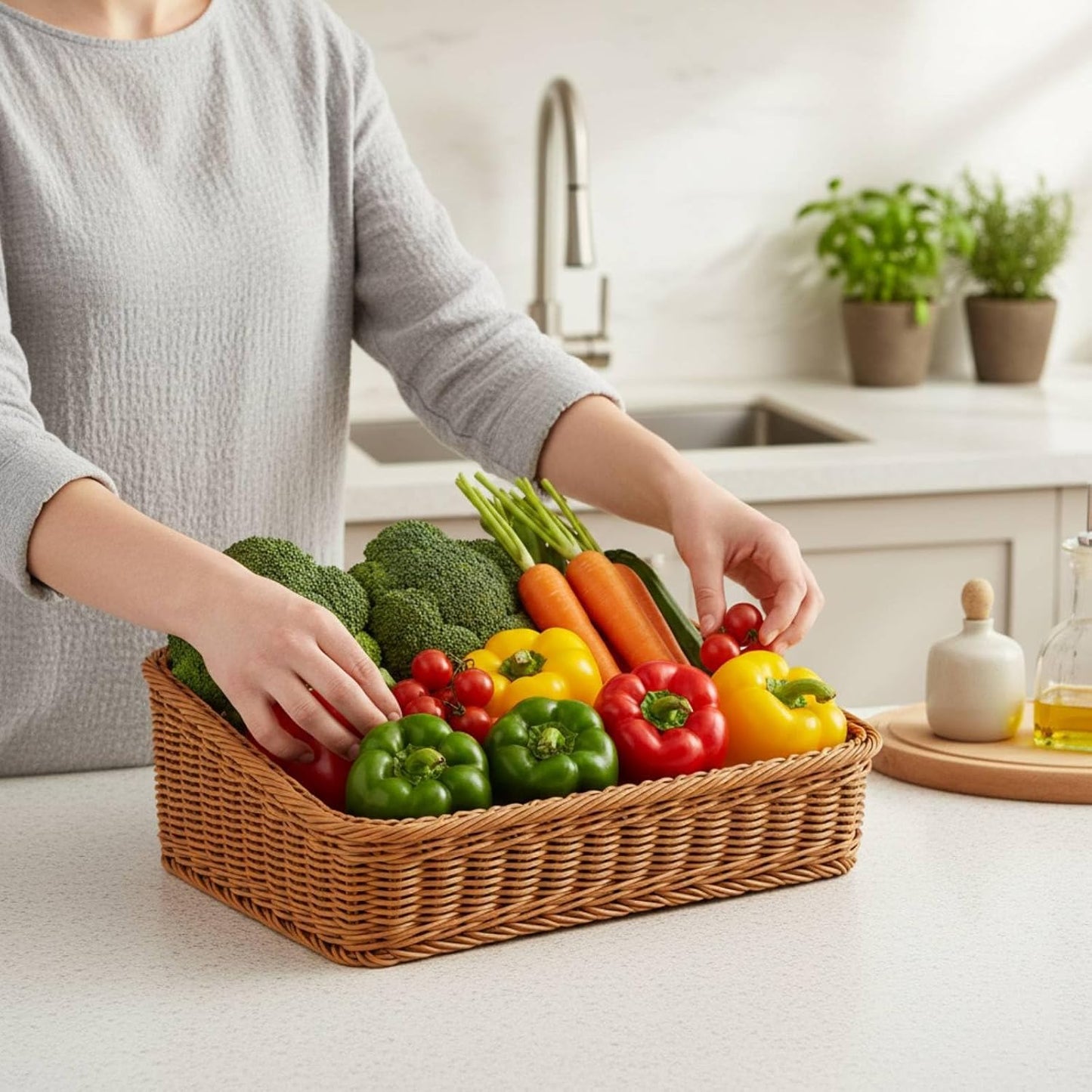 Slanted Opening Display Basket Easy to Clean Angled Woven Basket Wicker Storage Bin for Supermarket, Kitchen Countertop, Brown H 50-30-8-14