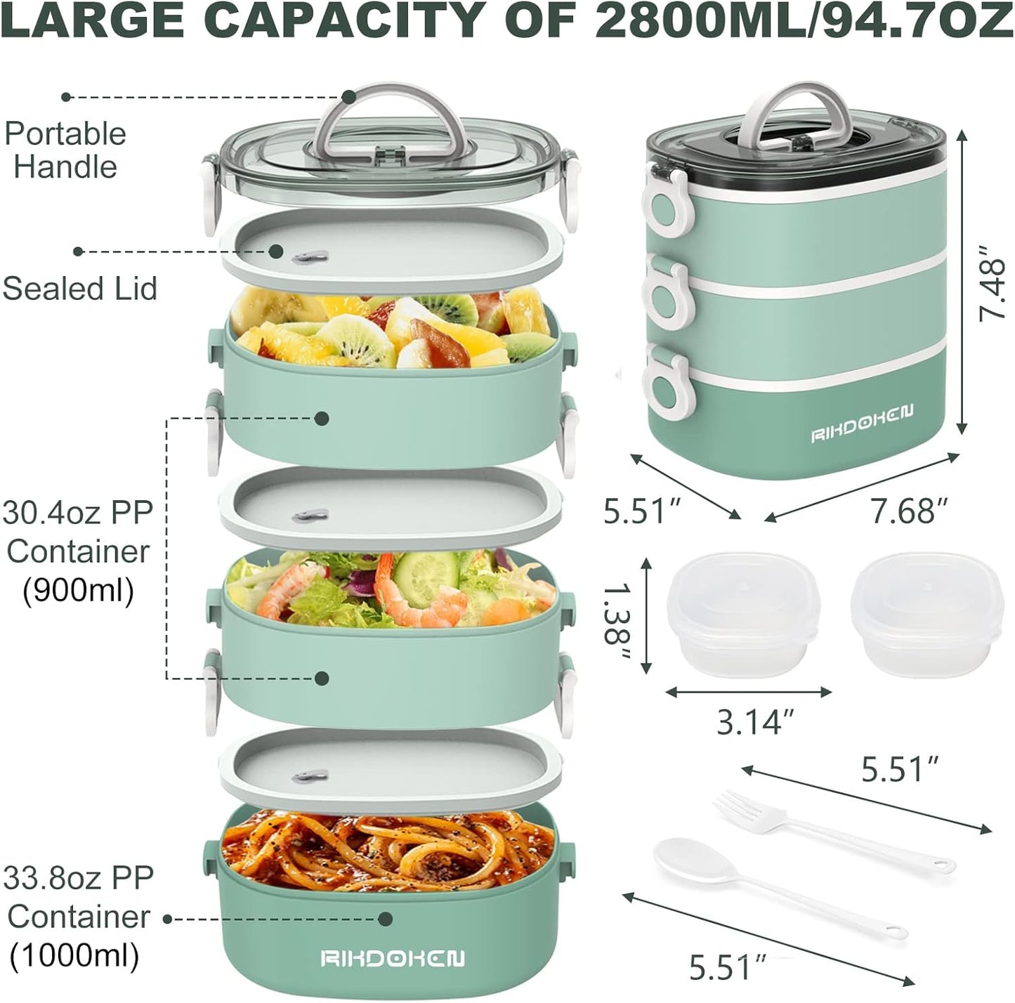 RIKDOKEN Lunch Box, Stackable 3 Layers Containers, Portable 94OZ Large Capacity Leakproof Bento Box with Spoon & Fork & Sauce Boxes, Microwave Safe Lunch Box for Kids and Adults