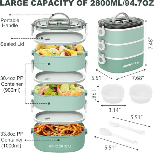 RIKDOKEN Lunch Box, Stackable 3 Layers Containers, Portable 94OZ Large Capacity Leakproof Bento Box with Spoon & Fork & Sauce Boxes, Microwave Safe Lunch Box for Kids and Adults