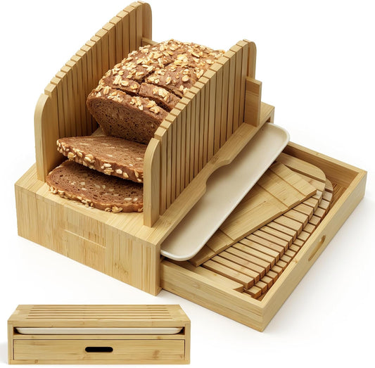 Bamboo Bread Slicer for Homemade Bread Adjustable Width Slicing Guides, Compact Loaf Cutter for Perfect Slices