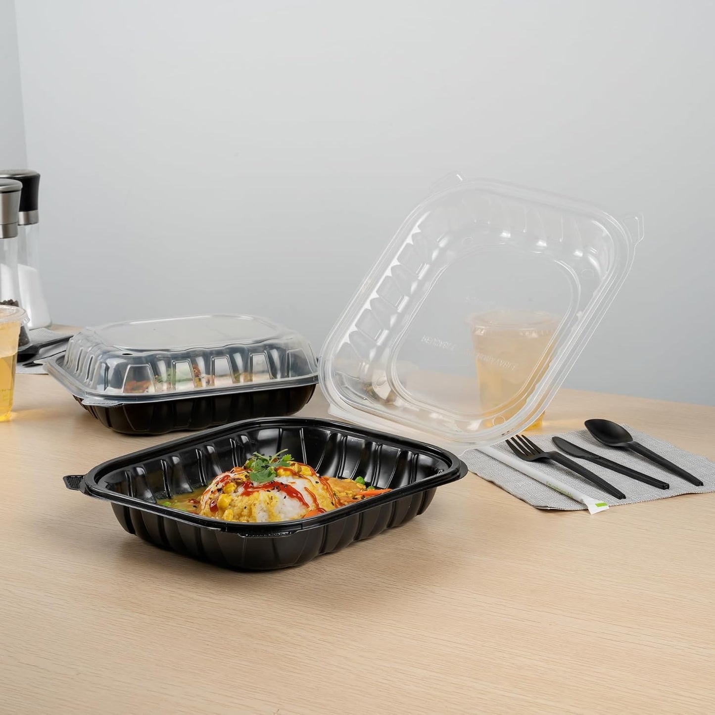 Thermo Tek 40 Ounce Clamshell Containers, 50 Disposable Take Out Boxes - 3 Compartments, Ventilated Lids, Black Plastic Meal Prep Containers, Microwavable, For Pasta Or Salads - Restaurantware