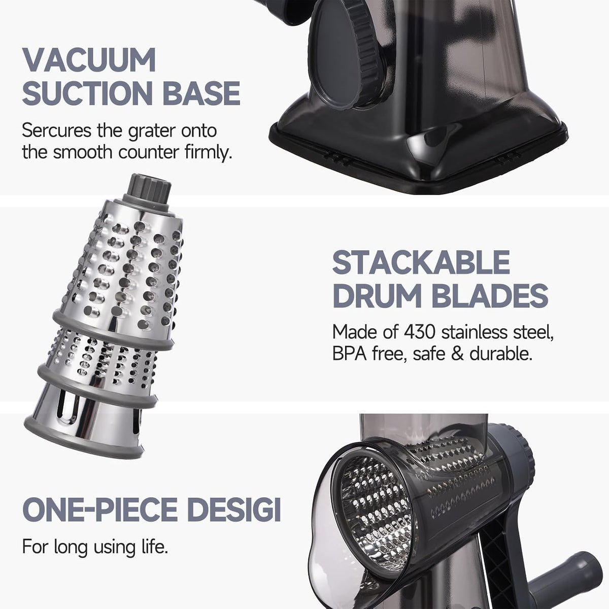 Rotary Cheese Grater with Handle Kitchen Shredder Slicer Grater Slicer Ice Shaver Cheese Vegetable Nuts Potato Zucchini Chocolate 3 Interchangeable Blades (GreyBlue