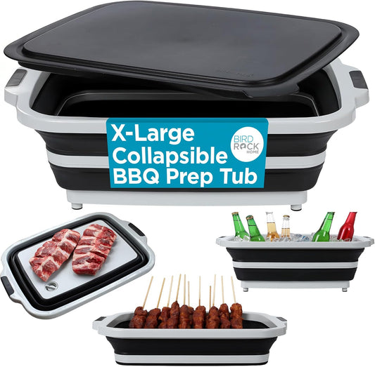 BIRDROCK HOME Collapsible Large BBQ Prep Tub w/Cutting Board, Multi-Function Grill Caddy w/Colander & Lid, Portable Silicone Dish Bowl for Picnic, Tailgate, Camping - Black
